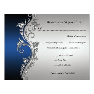 Vintage Blue Black and Silver Floral RSVP Invitation