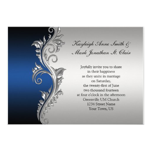 Vintage Blue Black and Silver Wedding Invitation