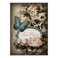 vintage Blue Butterfly floral bridal tea party Invitation