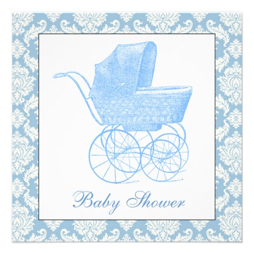 Vintage Blue Carriage Pram Baby Boy Shower Personalized Announcement