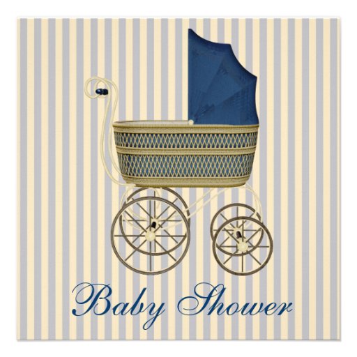 Vintage Blue Carriage Pram Vintage Baby Boy Shower Custom Invitation