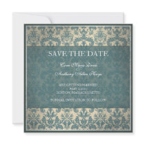 Vintage blue damask save the date card custom invite