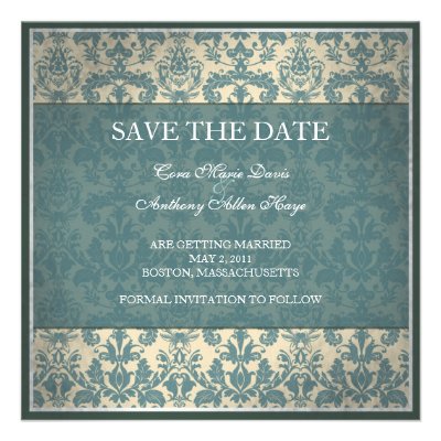 Vintage blue damask save the date card custom invite