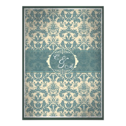 Vintage Blue Damask Wedding Invitation