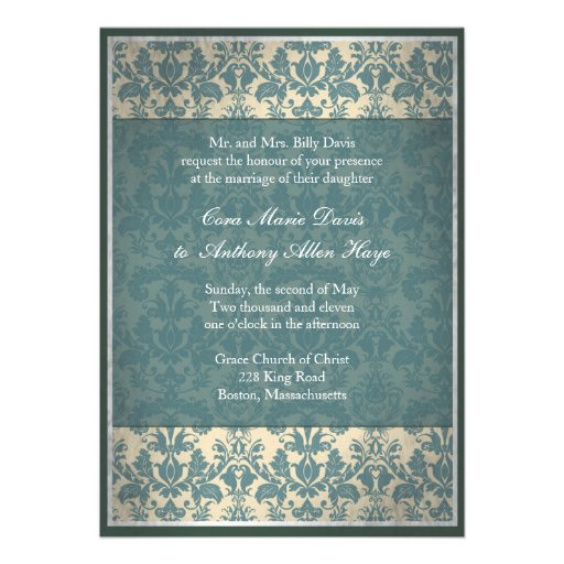 Vintage Blue Damask Wedding Invitation