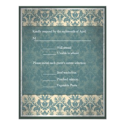 Vintage Blue Damask wedding RSVP Invite