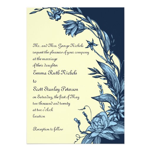 Vintage blue flowers on pale yellow wedding invite