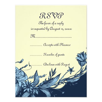 Vintage blue flowers pale yellow flowers RSVP card Announcements