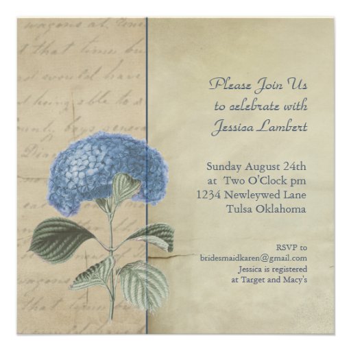 Vintage Blue Hydrangea Bridal Shower Custom Invite