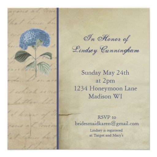 Vintage Blue Hydrangea Bridal Shower Invitation
