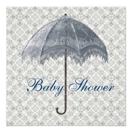 Vintage Blue Parasol Damask Baby Boy Shower Invitations