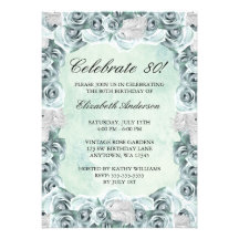 Vintage Blue Roses and Feather 80th Birthday Party Custom Announcements