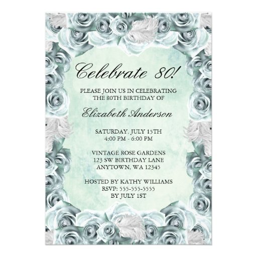 Vintage Blue Roses and Feather 80th Birthday Party Custom Announcements