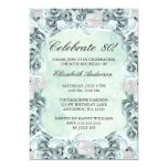 Vintage Blue Roses and Feather 80th Birthday Party Custom Announcements