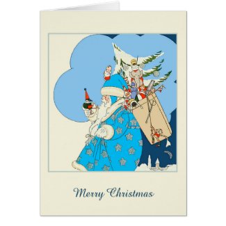 This Christmas card features an elderly vintage Santa Claus with long flowing white beard. He wears a blue cloak with silver stars, blue hat and white gloves. He carries a sack of toys on his back and holds a small toy figure in his hand.