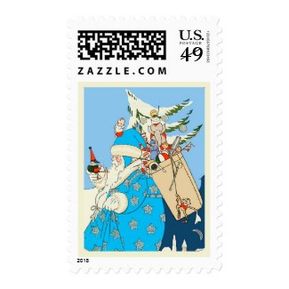 This US Postage Stamp features an elderly vintage Santa Claus with long flowing white beard. He wears a blue cloak with silver stars, blue hat and white gloves. Ideal for Christmas mailing for kids.