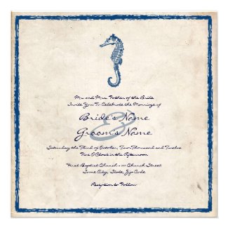 Vintage Blue Sea Horse Beach Wedding Invitation