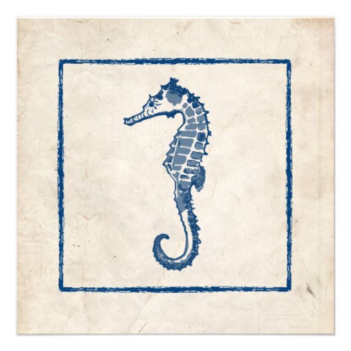 Vintage Blue Sea Horse Beach Wedding Invitation