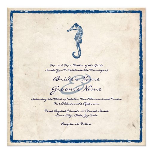 Vintage Blue Sea Horse Beach Wedding Invitation