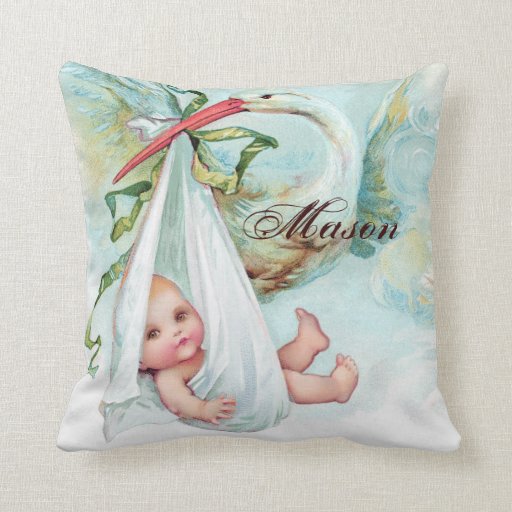 Vintage Blue Stork Baby Boy Nursery Pillows | Zazzle