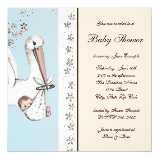 Vintage Blue Stork Baby Boy Shower Invitations