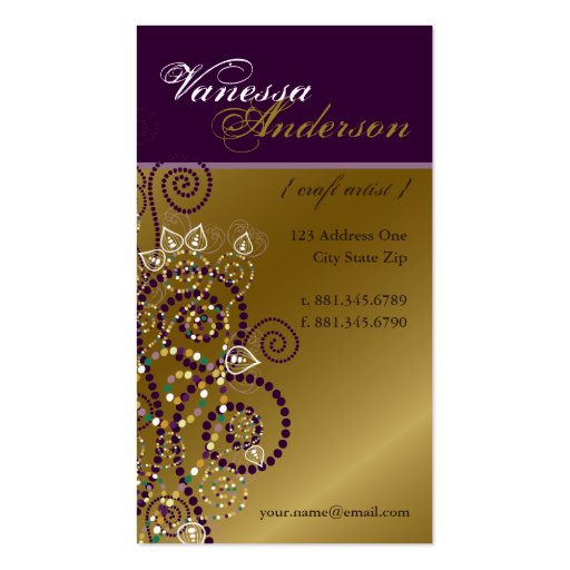 Vintage Boho Purple Spirals Golden Profile Card Business Card Templates (front side)