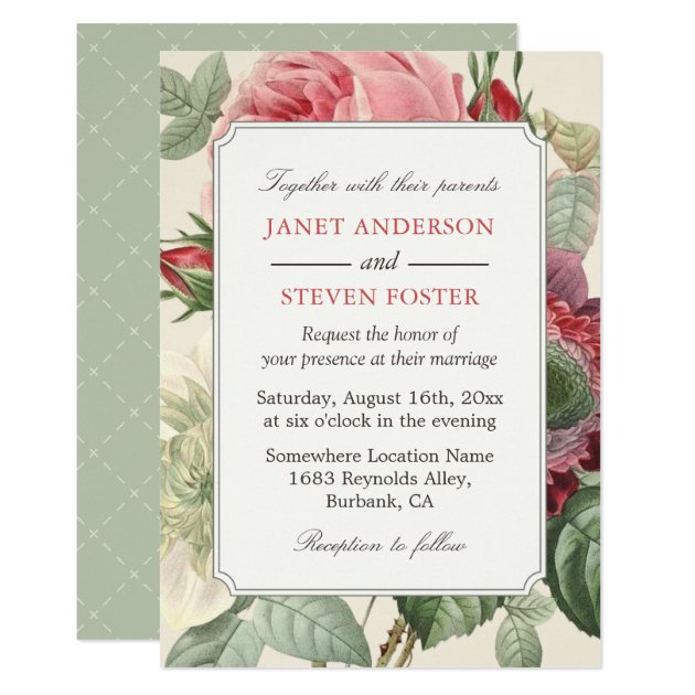 Vintage Botanical Rose Floral Elegant Wedding Card (front side)