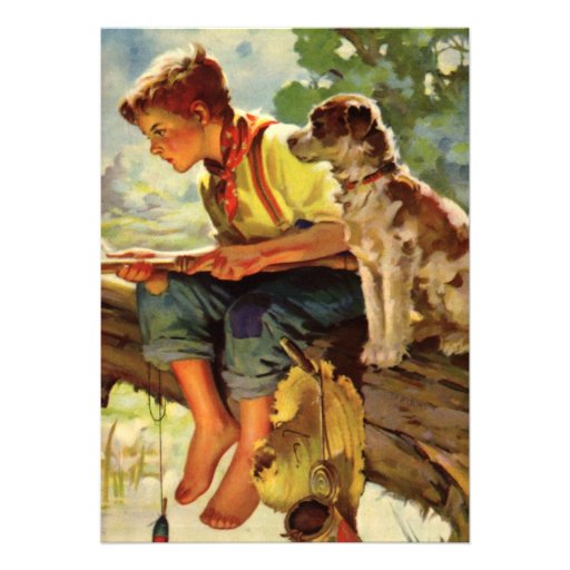 Vintage Boy and Pet Dog Fishing Child Birthday Cards