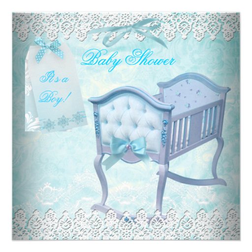 Vintage Boy Baby Shower Blue Lace Crib Personalized Announcements