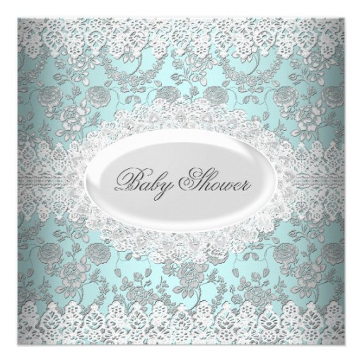 Vintage Boy Baby Shower Blue Lace Damask Announcement