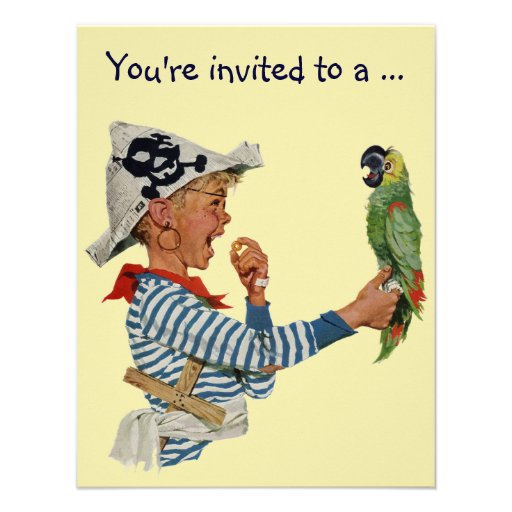 Vintage Boy Pirate Parrot, Child Birthday Party Custom Invitation