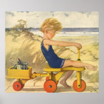 Vintage Boy Playing at the Beach with Toys Posters