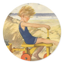 Vintage Boy Playing at the Beach with Toys Round Stickers