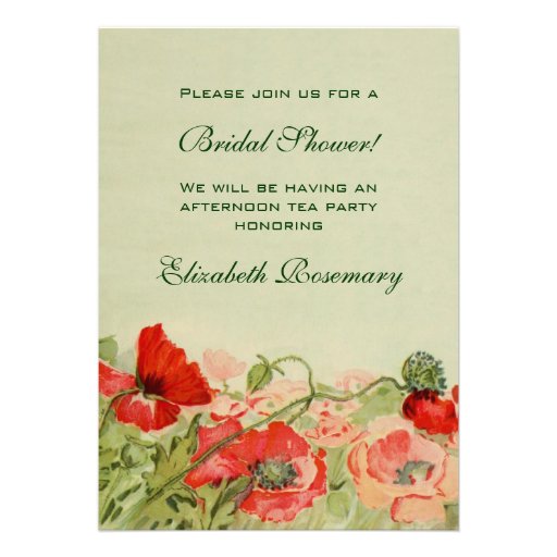 Vintage Bridal Shower, Red Poppy Flower Floral Personalized Invitation