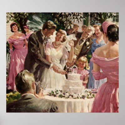Vintage Bride and Groom Cutting the Cake Print by YesterdayCafe