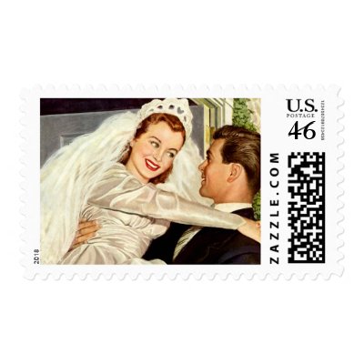 Vintage Bride and Groom; Happy Newlyweds Postage Stamps