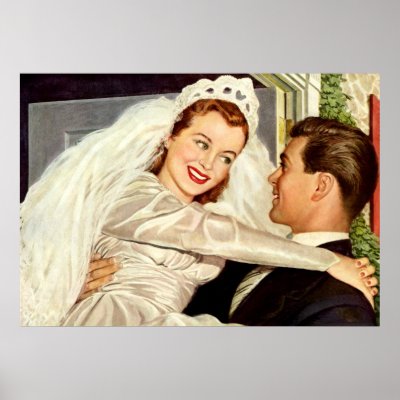 Vintage Bride and Groom; Happy Newlyweds Print