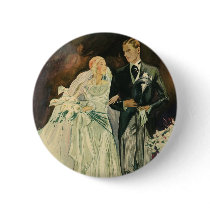 Vintage Bride and Groom; Newlyweds Just Married! Button