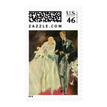 Vintage Bride and Groom; Newlyweds Just Married! Postage Stamps