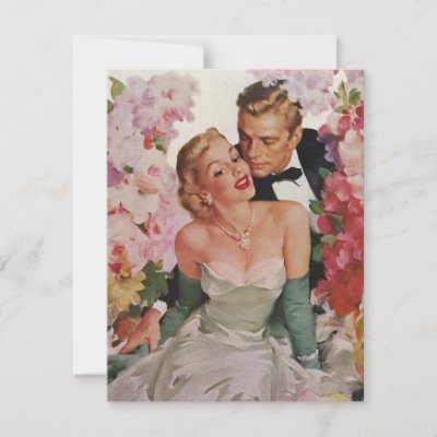 Vintage Bride and Groom, Newlyweds with Flowers Invitations
