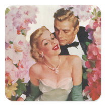 Vintage Bride and Groom, Newlyweds with Flowers Square Sticker