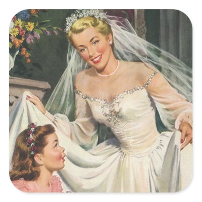 Vintage Bride with Flower Girl Square Sticker