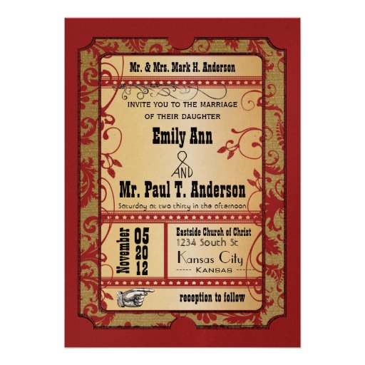 Vintage Broadway Red and Gold Movie Ticket Wedding Invites (front side)