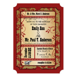 Vintage Broadway Red and Gold Movie Ticket Wedding 5x7 Paper Invitation Card