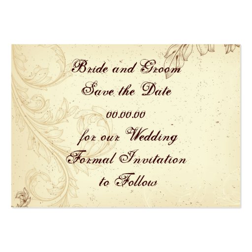 Vintage brown beige scroll leaf Save the Date Business Card (back side)