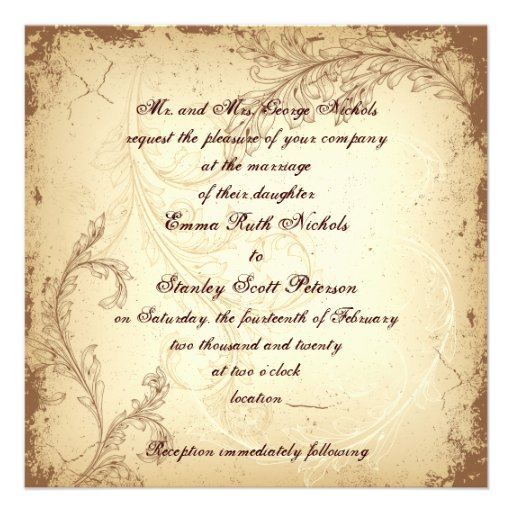Vintage brown beige scroll leaf wedding invitation