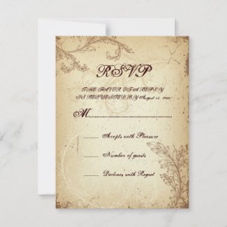 Vintage brown beige scroll leaf wedding RSVP card invitation