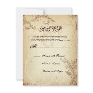 Vintage brown beige scroll leaf wedding RSVP card invitation