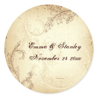 Vintage brown beige scroll leaf wedding sticker sticker