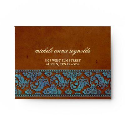 Vintage Brown Blue Damask Lace Printed Wedding Envelope by foreverwedding